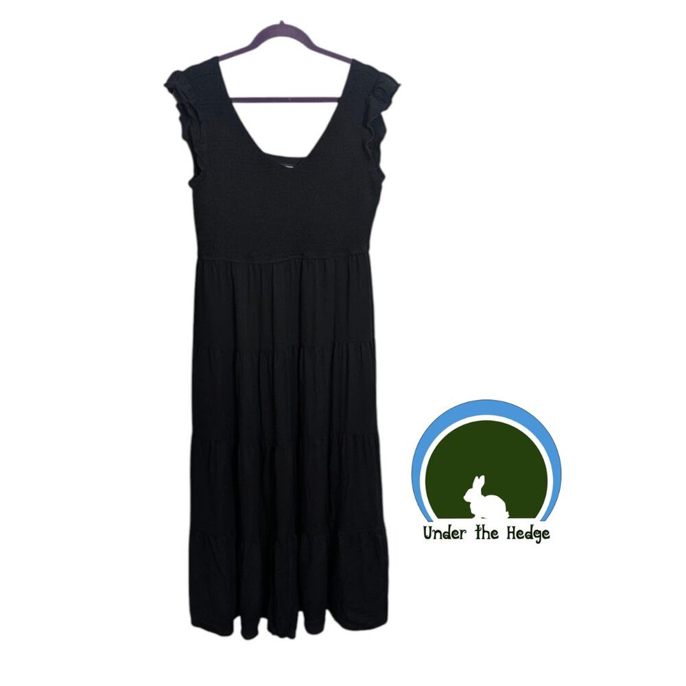 Pretty Garden Black Smock Ruffle Tiered Midi Dress Size XL Boho Cottage